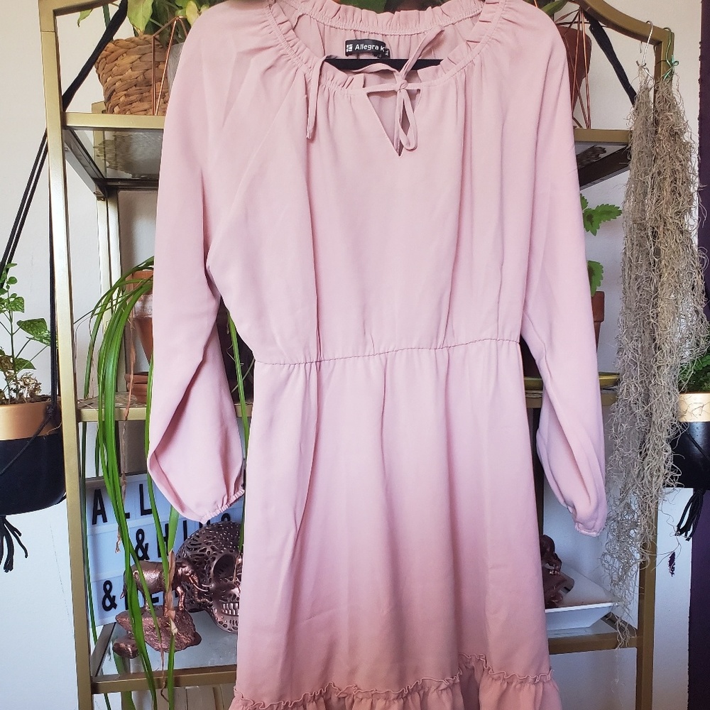 Blush tie neck long sleeve dress